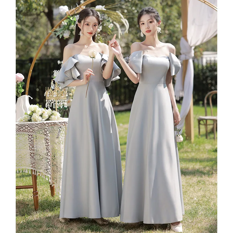 Simple Satin Grey Bridesmaid Dress Off Shoulder Ruffle Edge Wedding Female Guest Dresses Sexy Backless Lace Up Banquet Gown