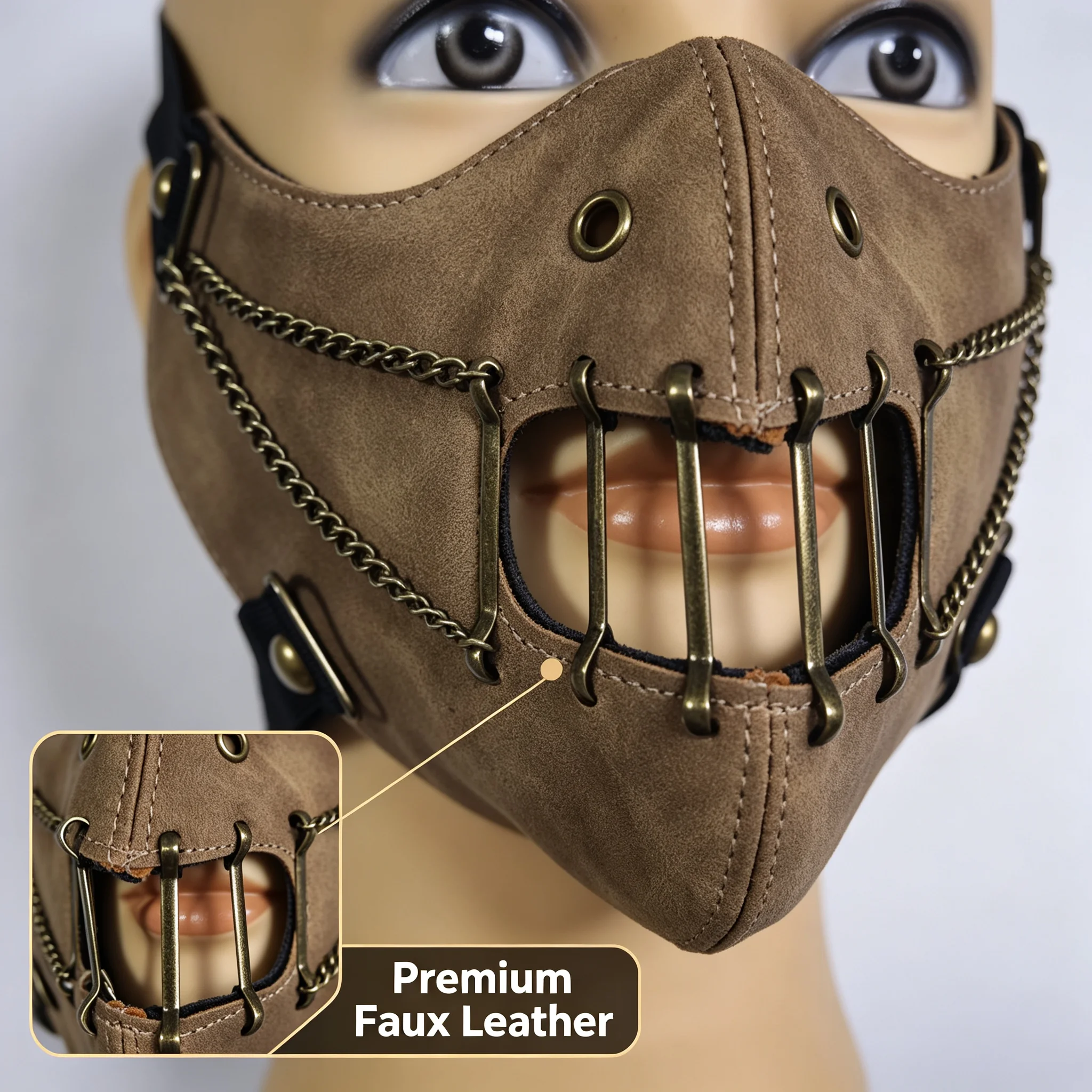 Steampunk Vintage Leather Half-Face Mask, Retro Bronze Chain Metal Buckle Mask, Halloween Cosplay Cyber Motorcycle Mask, Masquerade Party Stage Performance Costume Props and Accessories