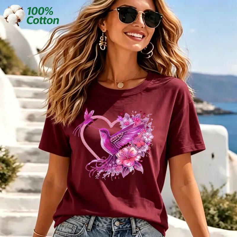 Hummingbird Flower Print Women's T-shirt 100% Cotton Floral Casual Unisex Summer Short Sleeve Tee
