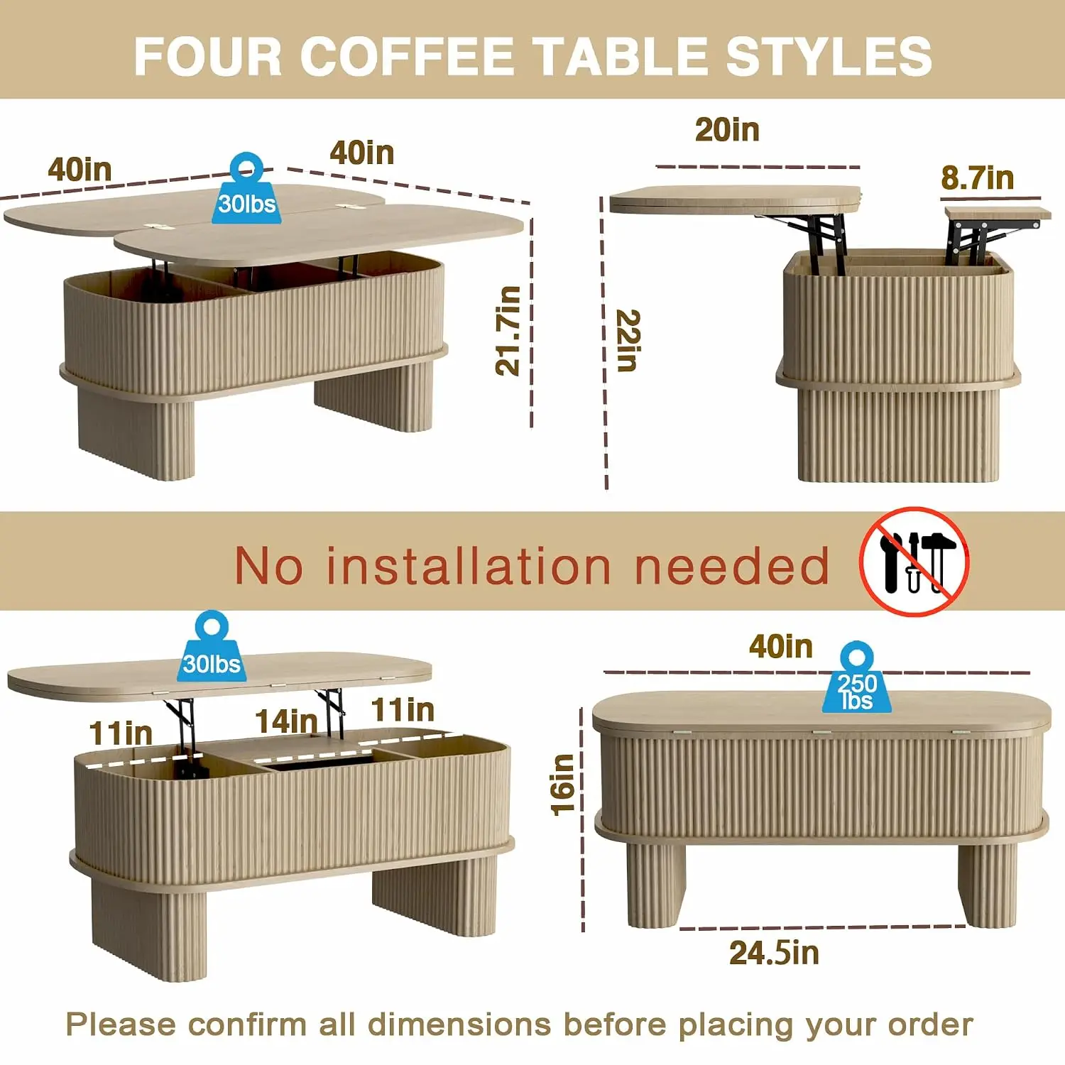 Lift Top Coffee Tables with Large Storage,Lifting Converts to Dining Table,Oval Pop Up Coffee Table Fluted Wood Center Tables