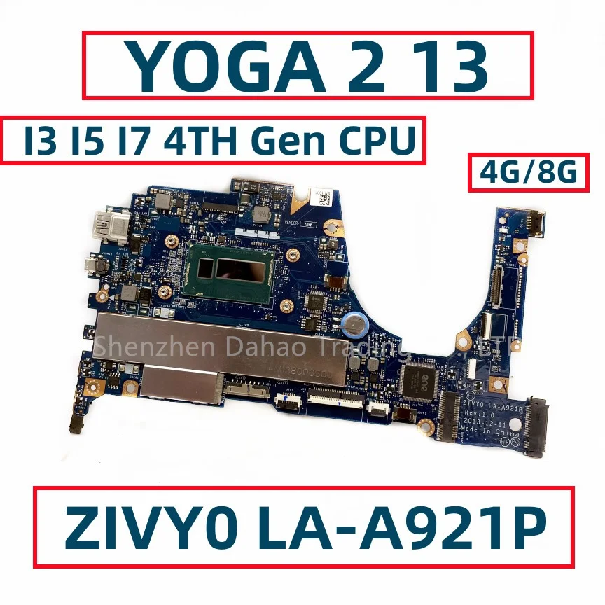 ZIVY0-placa base de ordenador portátil para Lenovo YOGA 2 13, LA-A921P con I3, I5, I7, CPU de 4ª generación, 4GB/8GB de RAM, completamente probada