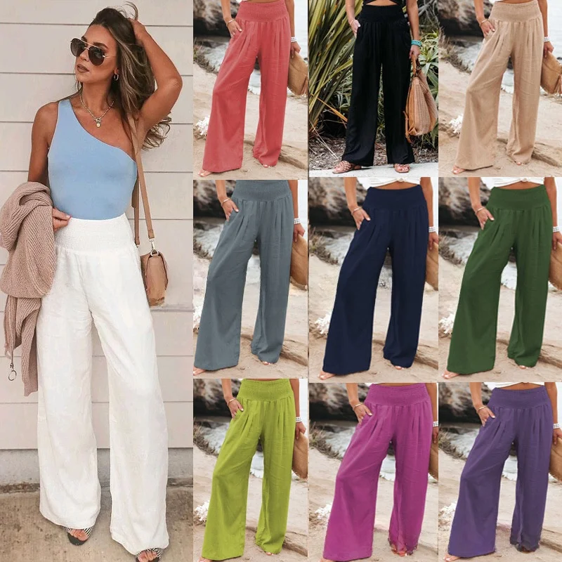 Pantalon Long décontracté en coton et lin pour femme, taille haute, élastique, coupe ample, couche de Base, taille haute, jambes larges, printemps été