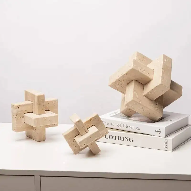 Creative Geometric Stone Sculpture Yellow Cave Stone Cross Ornaments Spliced Looped Square Ball Home Decoration Accessories