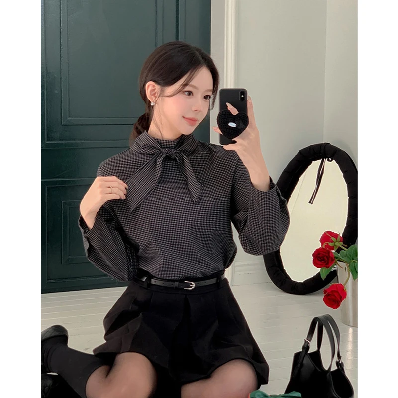 Vintage Plaid Shirts Frauen Harajuku Spitze Up Blusen Frühling Herbst Büro Damen Elegante Koreanische Lange Hülse Lose Design Tops Neue