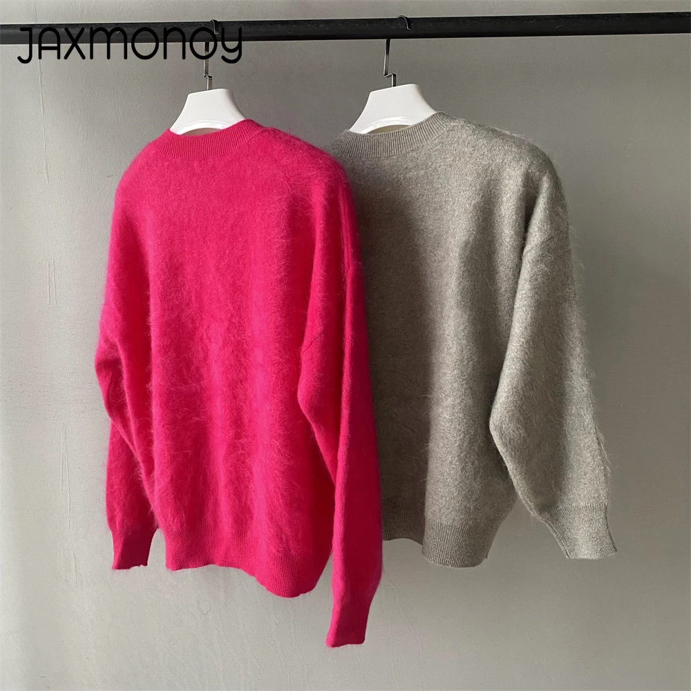 Jaxmonoy Women's Cashmere Sweater Ladies Fashion O Neck Fluffy Cashmere Knit Tops   Spring Autumn Pullover Female 2024 New Style