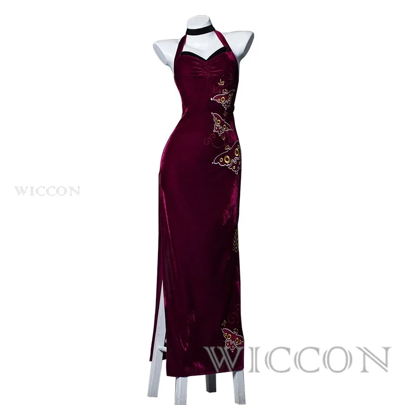 Ada Wong-vestido vermelho bordado estilo cheongsam para mulheres, roupas cosplay, uniforme de Halloween, peruca sexy