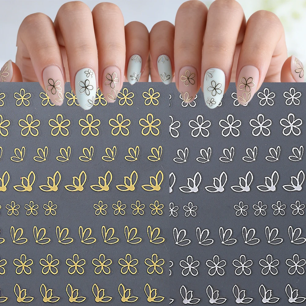 1pcs 5D Hollow Flower Nail Stickers Gold Silver Outline Delicate Line Nails Sticker Decals Simple Floral Self Adhesive Stickers