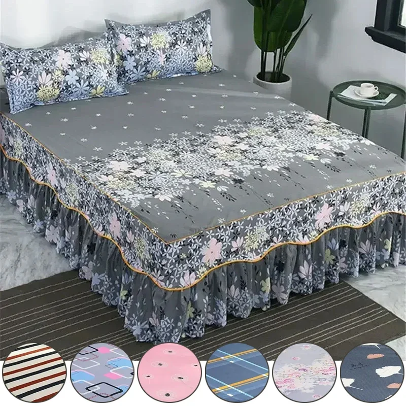 3PCS Printed Bed Skirt Non-slip Mattress Cover Protector Soft Skin-Friendly Bed Cover Bedroom Bed Skirt Bedsheet Bedding Decor