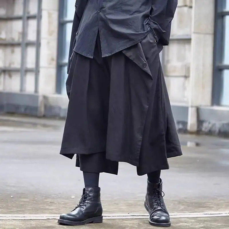 

Мужские повседневные брюки темного цвета, широкие, в стиле аскетичного кэжуал, оригинальный дизайн, для полных, в японском стиле, брюки-юбка.