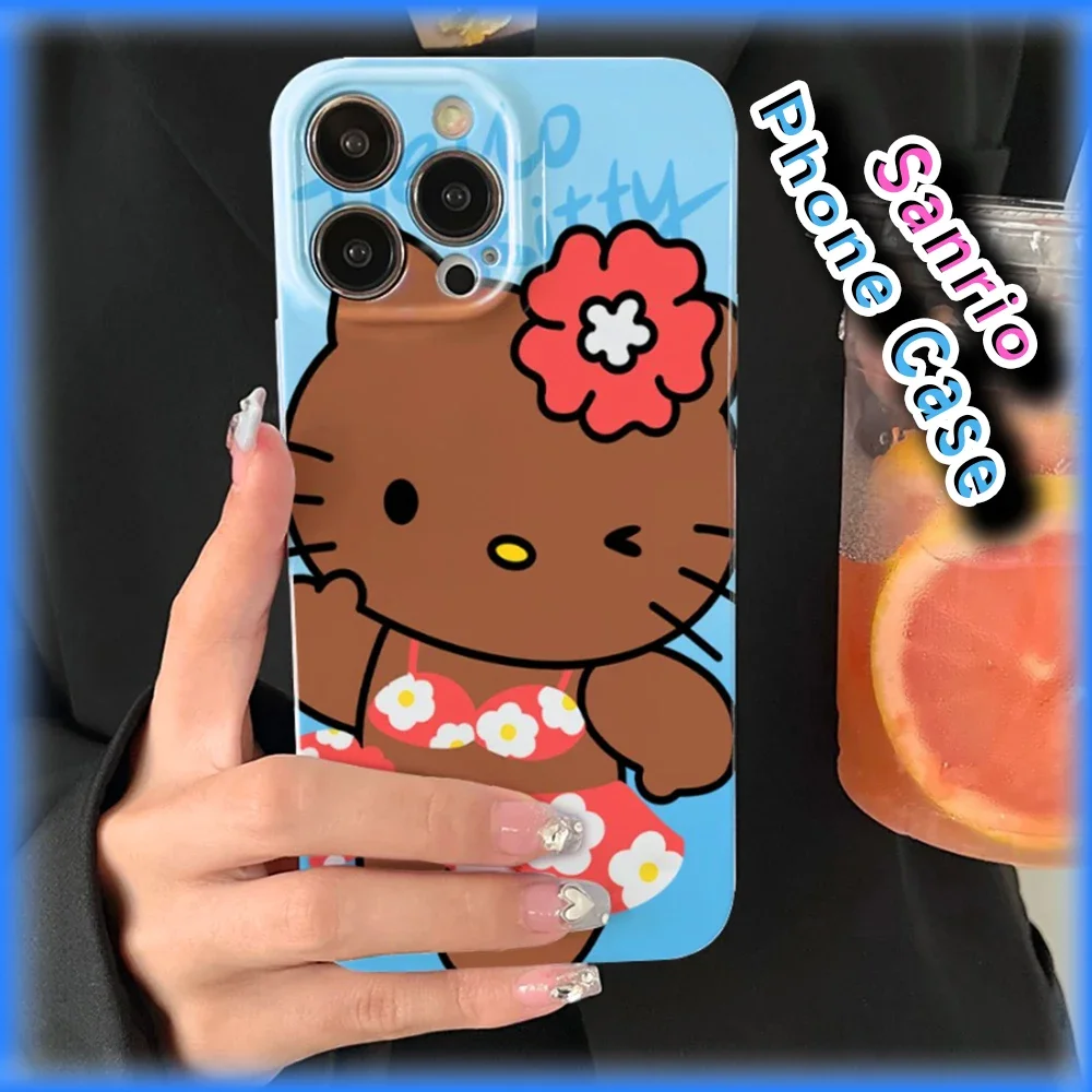 Kawaii New Tan Hello Kitty Surfer ShockProof Hard Case Sanrio Anime Y2k Protective Cover for 7/8 XS/XR 11 12 13 14 15 16 Pro Max