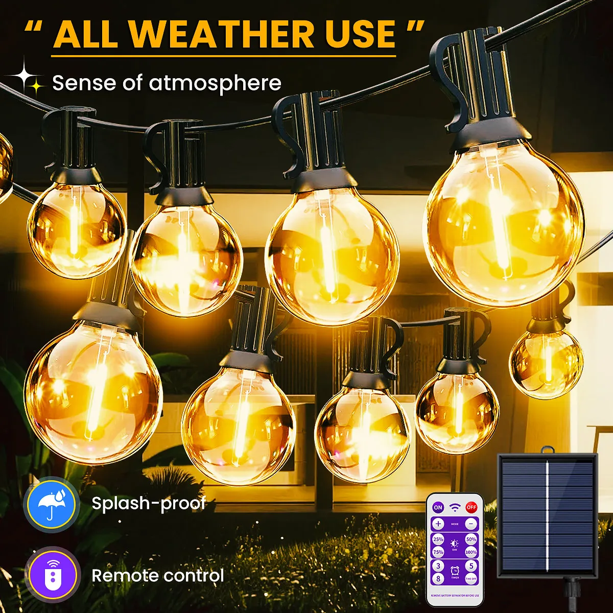 G40 Solar String Lights Outdoor with Remote, 8 Modes 3 Timers,Waterproof Shatterproof Dimmable Solar Lamp for Camping Backyard