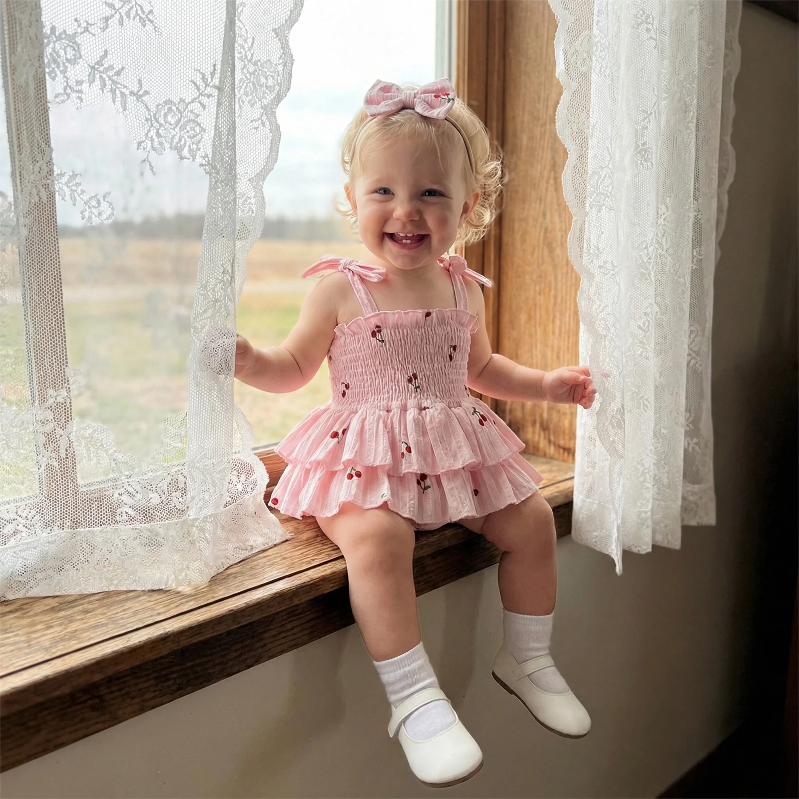 Baby Girl Summer Romper Dress Cute Cherry Print Sleeveless Tie-up Smocked Jumpsuit Bow Headband 2 Piece Set