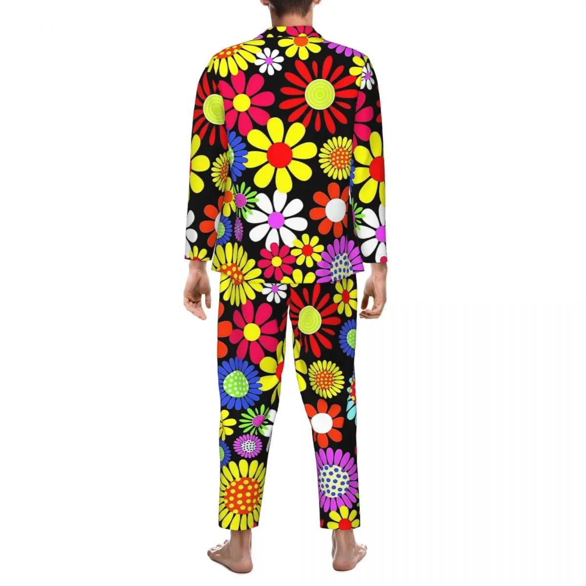 Retro Colorful Flower Power Print Pajamas Man Warm Daily Sleepwear Autumn Two Piece Retro Oversized Graphic Pajamas Set