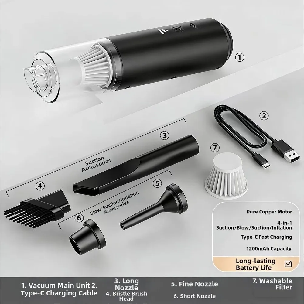 Cordless 2-in-1 Portable Vacuum for Home Car Use with LED Illumination and Brush Crevice Tools for Thorough Cleaning