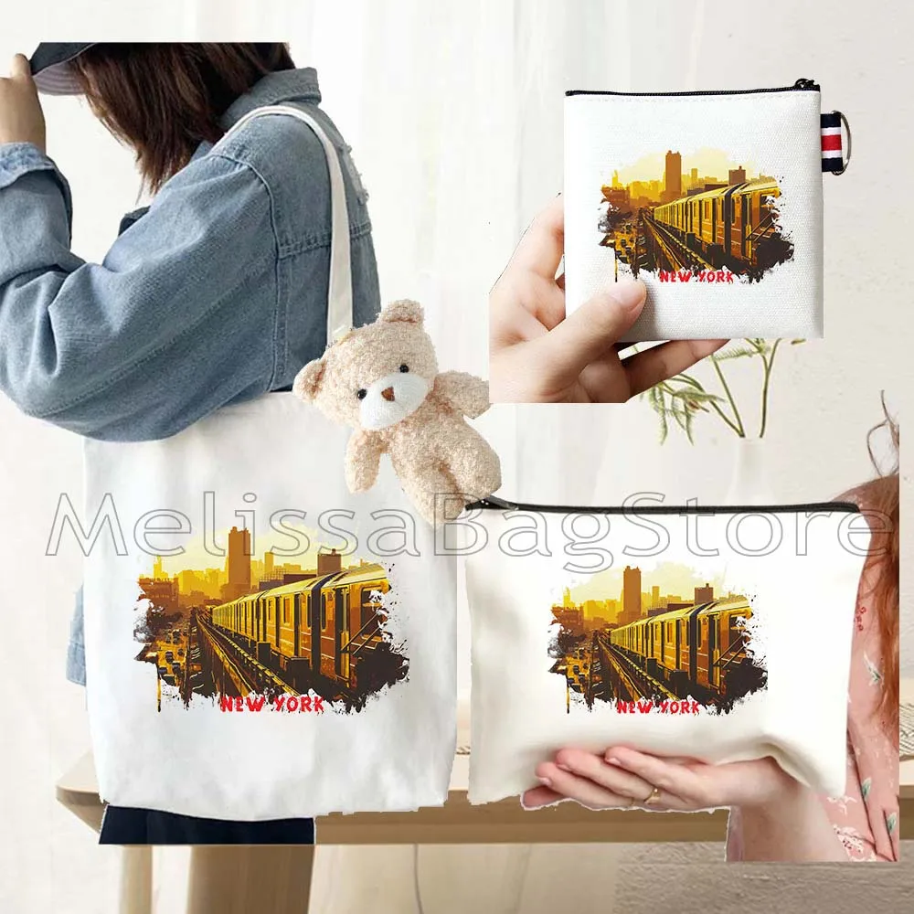 

4PCS Gift Set New York City Black Canvas Tote Bag Handbag with Doll Key Coin Purse Cosmetic Makeup Toilet Bag Case Pouch