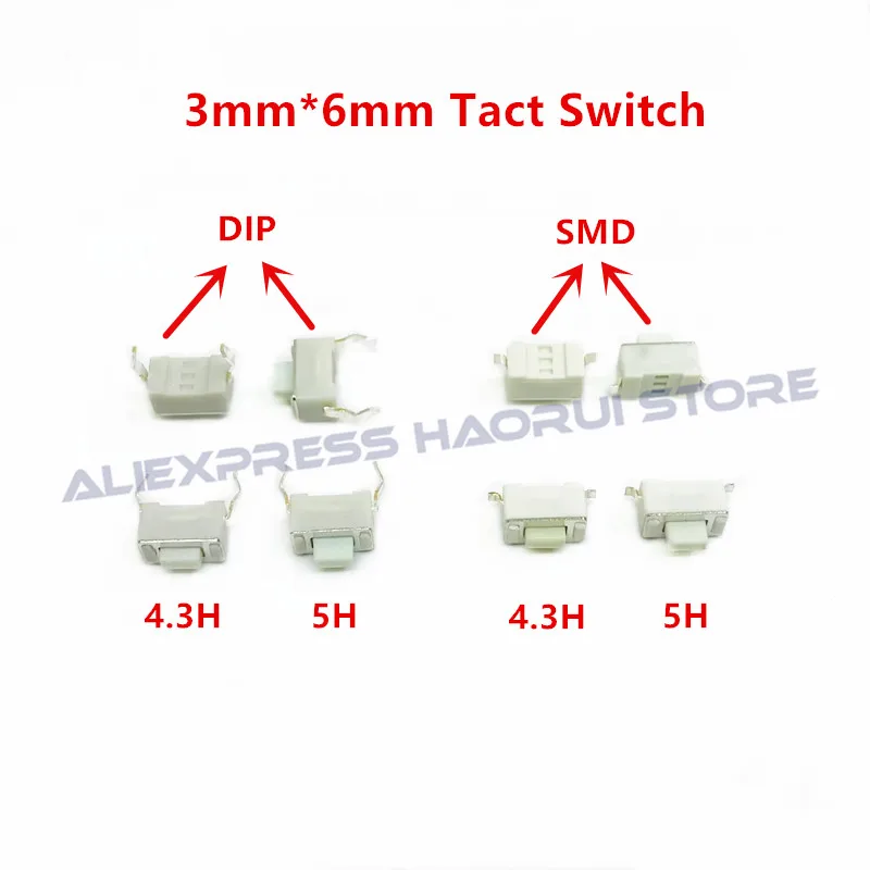 

1000Pcs 3*6*4.3mm 3*6*5mm 2pin SMD / DIP Button Switches Car remote control key commonly White Black 3x6 Tact Micro Switch