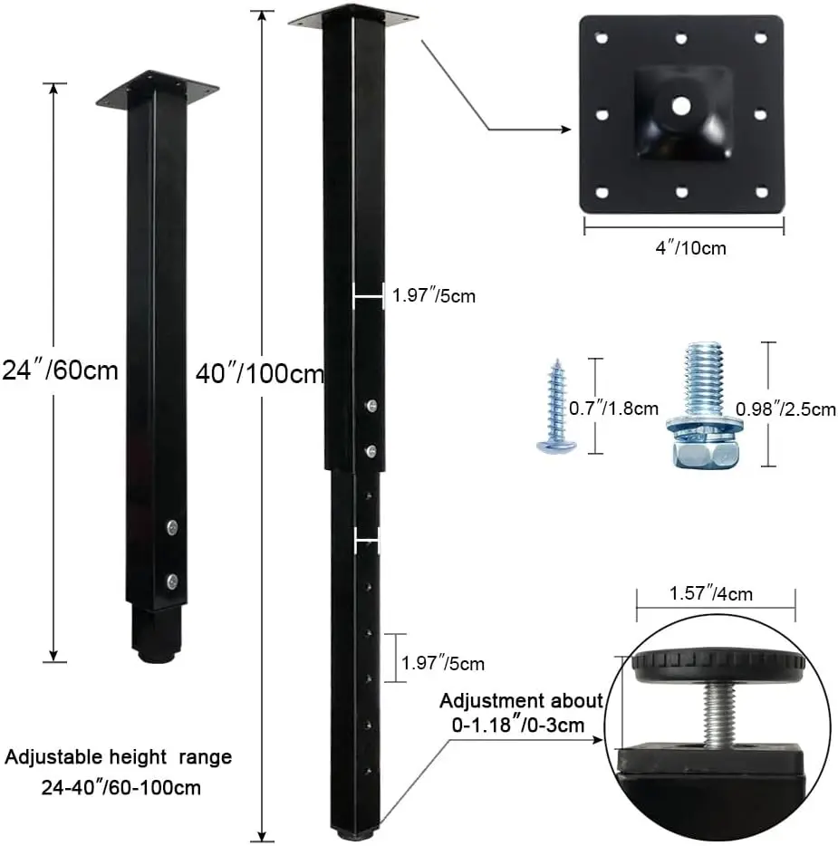 Adjustable Square Table Leg, 24-40 inch, 60-100cm, Home Office Custom DIY Table Legs, Furniture Leg Set (4, Black)