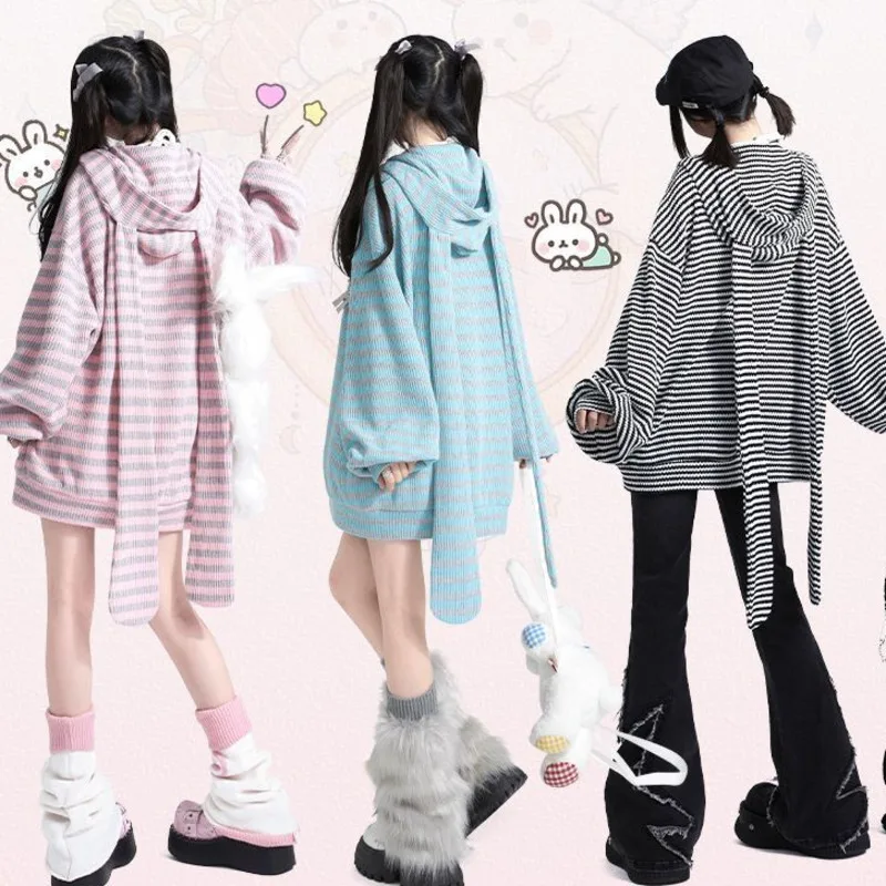 

Cute Y2k Rabbit Ears Striped Zipper Hoodies Women Korean Fashion Knit Cardiga Autumn Loose Long Sleeve Tops Outerwear Knitwear