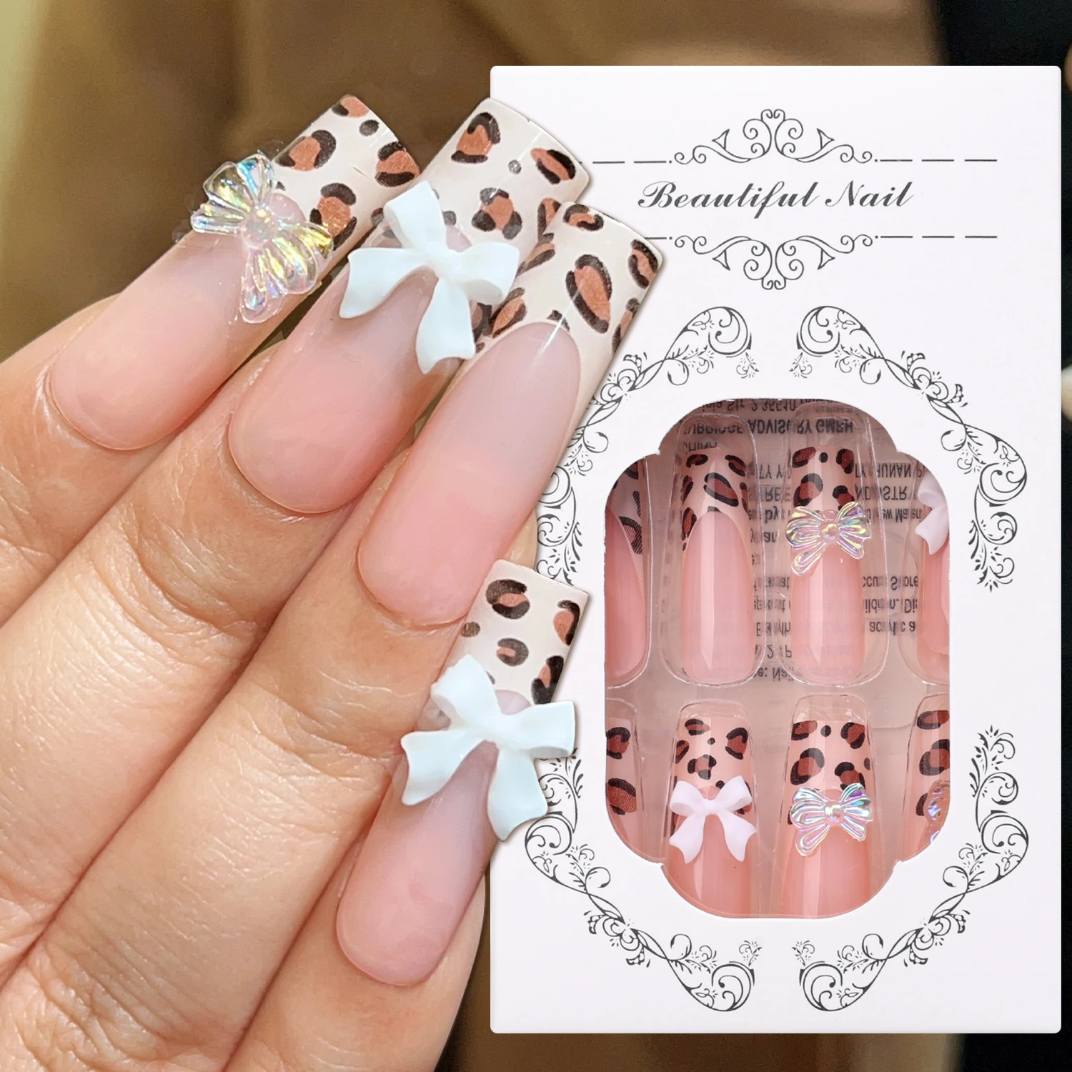 24PCS/Set Leopard Print Design False Nails with Bow Long Square Press on Nails Wearable French Ballet Fake Nail Tips Decoration