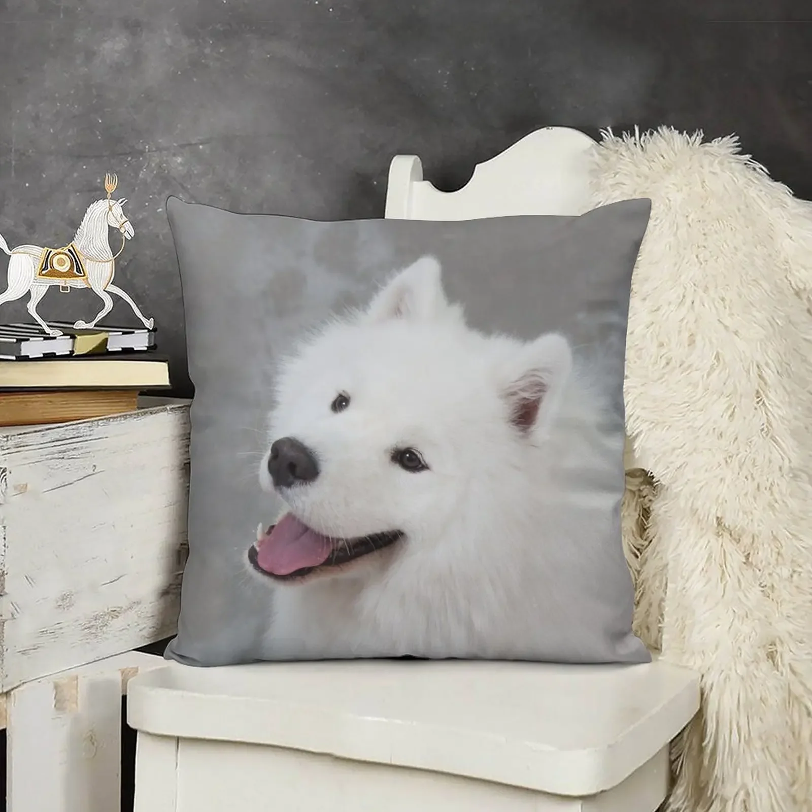 Samoyed, smiling and looking over shoulder against grey background Throw Pillow pillow cover luxury Cushion Cover Luxury pillow