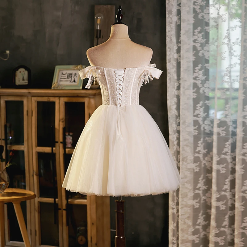 Anxin sh princesa cetim branco e renda barco pescoço babados grande arco zíper festa curto vestido de noite personalizado pequeno vestido branco