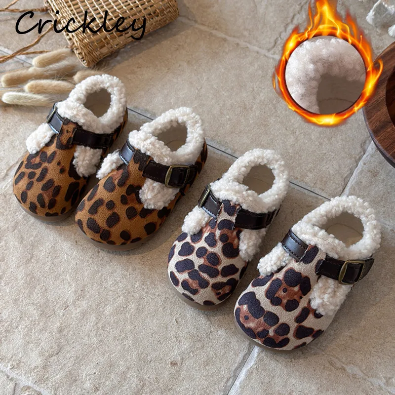 Leopard Kids Flats Shoes Plush Warm PU Leather Baby Boys Girls Casual Shoes Hook Loop Soft Non Slip Children Winter Shoes
