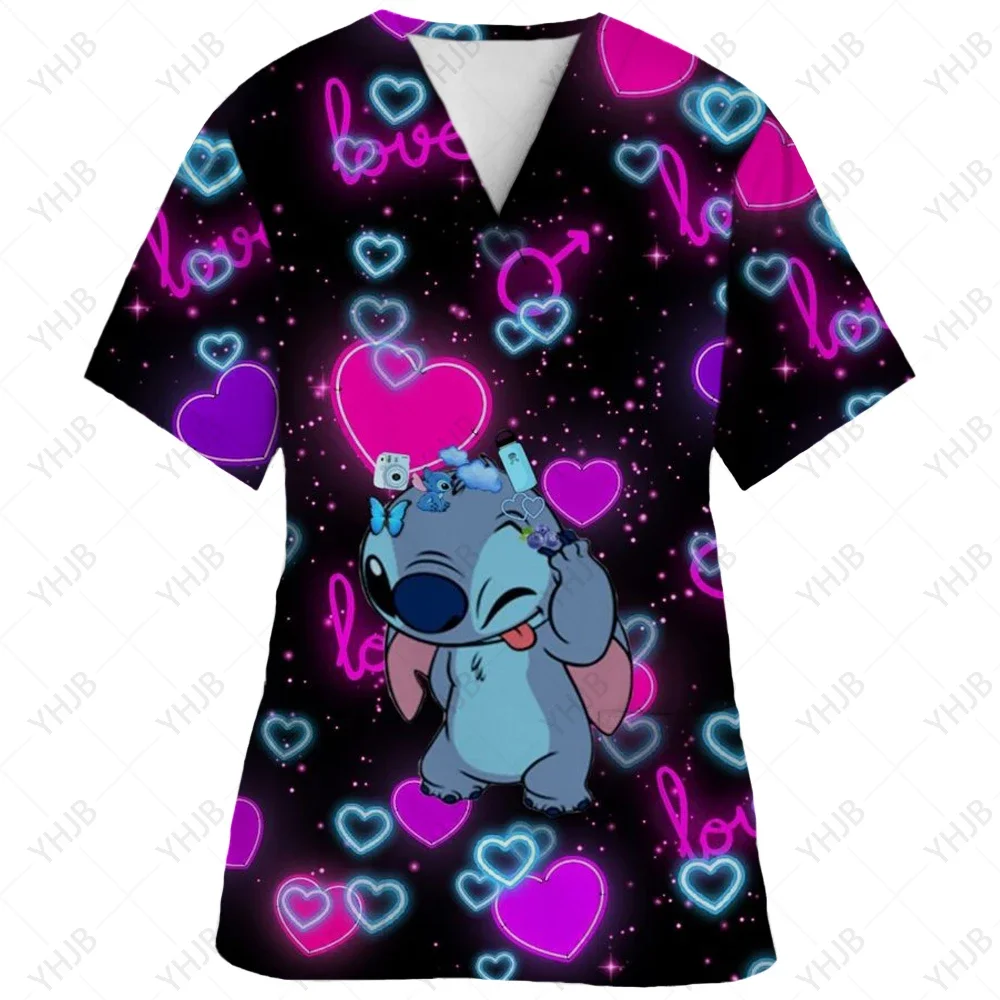 Hospital Staff Nurse Uniform Women's Stitch Mickey Mouse Print Casual Short Sleeve V Neck Paramedic Tops Medical Uniform Supplie