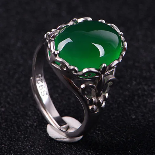 S925 Sterling Silver Women Ring Vintage Green Agate Crystal Emerald Gemstone Chalcedony Inlaid Adjustable Open Index Finger Ring