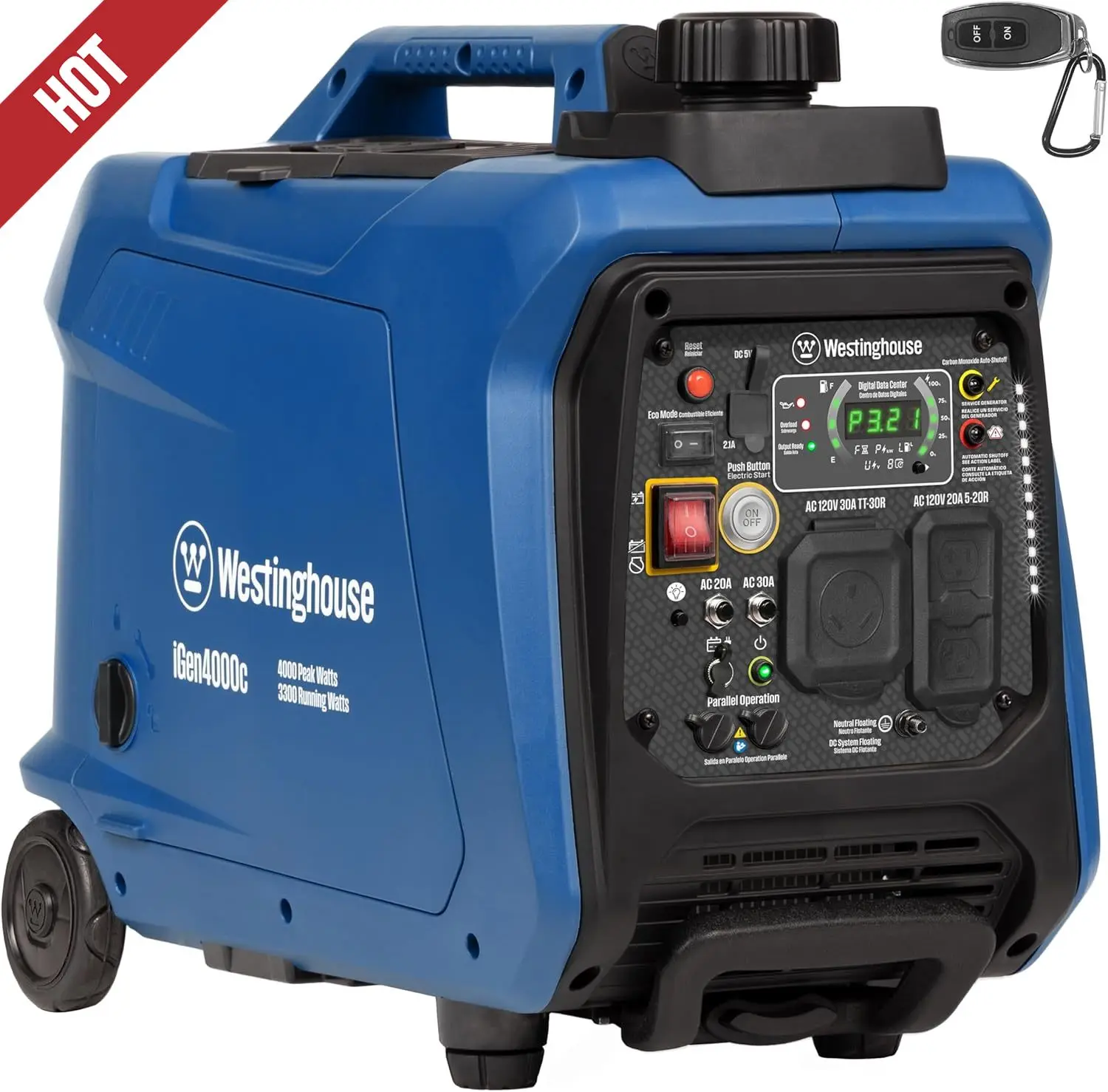 

4000 Peak Watt Super Quiet Portable Inverter Generator, Remote Electric Start with Auto Choke, RV Ready 30A Outlet, Gas Powered