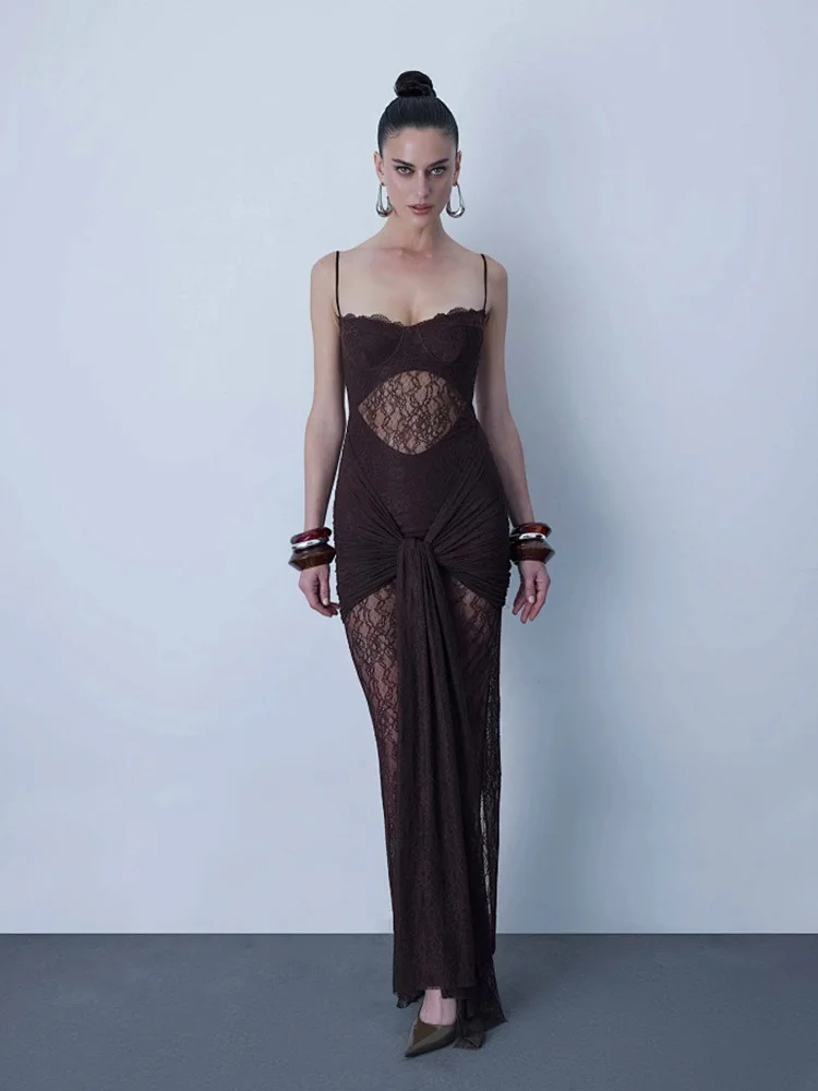 

Women's Sexy Sleeveless Lace Transparent Ruched Coffee Dress 2026 Party Costume for Bar Nightclub Stage Performance