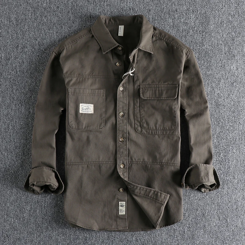 

Retro Workwear Long Sleeve Shirt Men's Loose Fit Youth Outerwear Autumn New Style Daily Wear Ameika Jie Pure Color Shirt