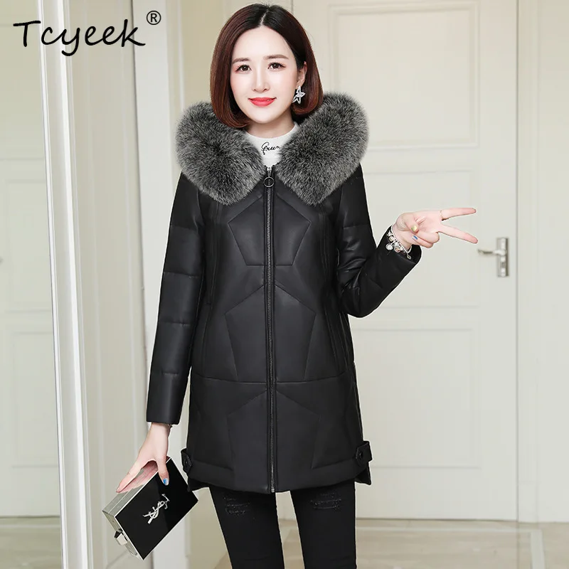 Tcyeek peau De mouton automne hiver duvet De canard blanc noir à capuche femmes veste en cuir véritable Jaqueta De Couro légítimo Feminina