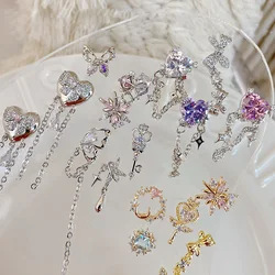 5PCS New High-end Luxury Heart Zircon Chain Pendant Butterfly Moon Star Gold Silver Alloy Copper WIth Zircon Nail Art Ornament