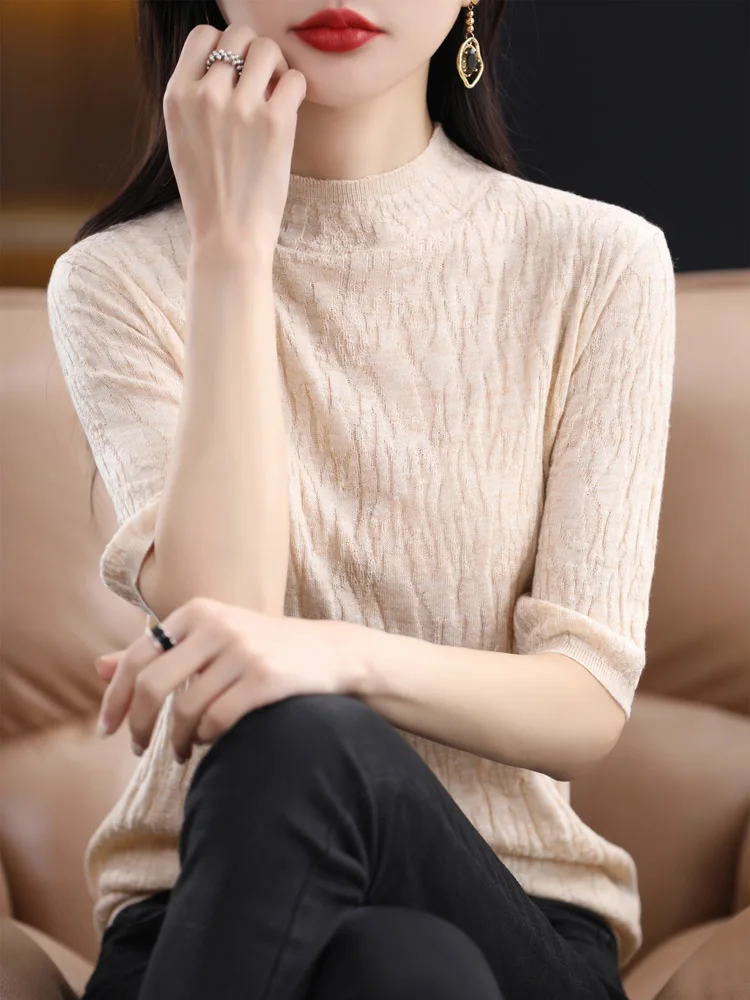 Women's Wool Knitted f High Collar Five Sve Base irt ort Sve Top Textured Spring Autumn New Sle Snowy eep Brand