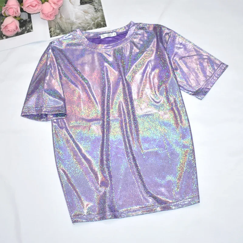 Womens Sparkly Shiny Metallic Holographic Round Neck Short Sleeve Casual Loose Top Festival Party Tee Shirt Female Clothes