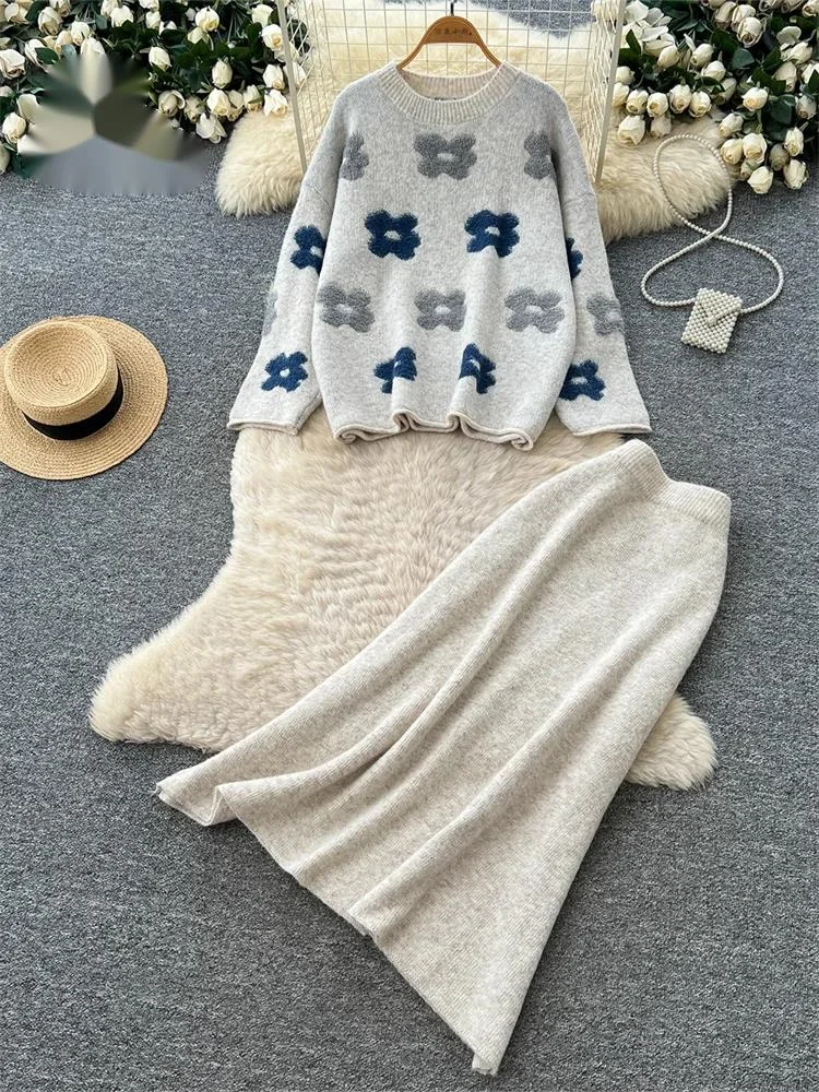 Floral Cashmere Sweater Suits Autumn Winter Warm Wool Pullover+A-line Long Skirt Female Korean Loose Vintage 2Pcs Sets
