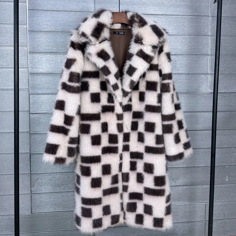 Women Faux Fur Knee Length Coats Jackets Turn Down Collar Plaid Coat Thick Warm Y2k Streetwear Jacket Elegant Work Autumn Winter