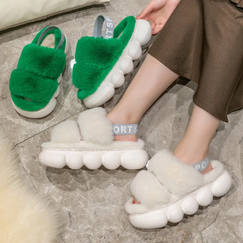 Open toe fluffy plush slippers sandals Women winter faux fur furry cloud slippers slides Female home indoor warm platform shoes