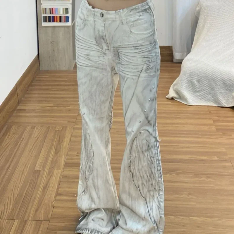 American retro printed wing patch women jeans punk style slim fit men and women bell bottoms floor mopping pants