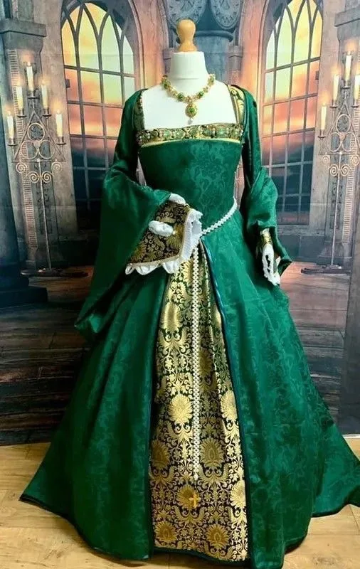 Medieval Anne Boleyn Ball Gown Dress Costume Tudor Period Queen Elizabeth Green Prom Dress Civil War Southern Belle Costume