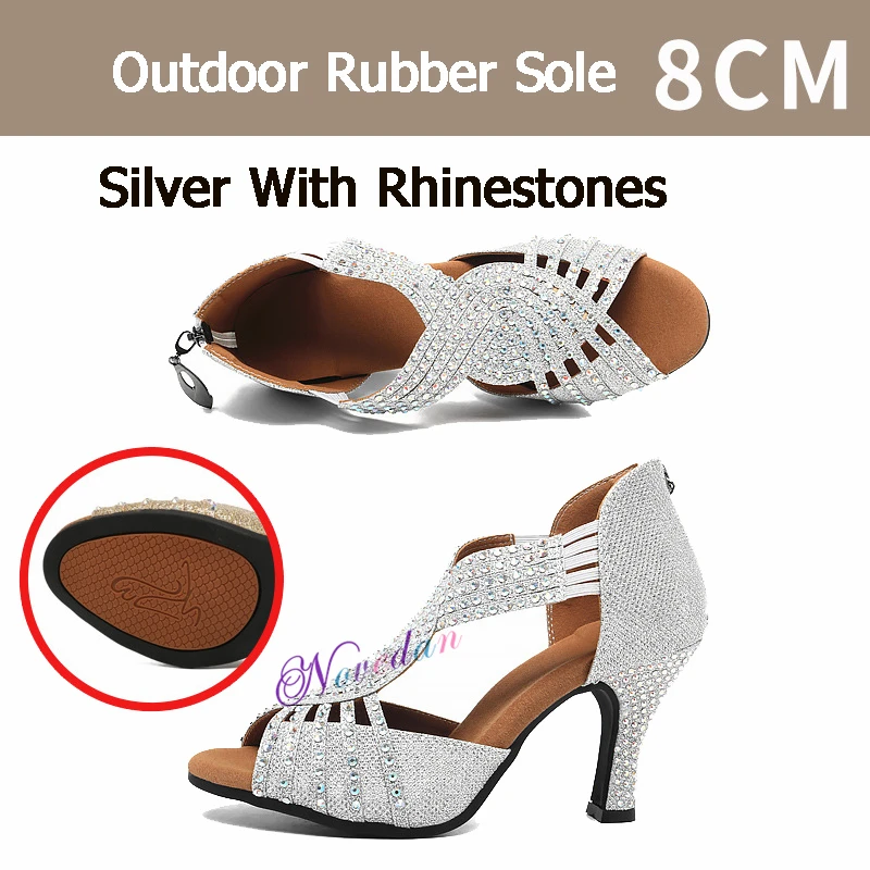 Zapatos de baile latino de satén con diamantes de imitación brillantes para mujer, Sandalias de tacón alto de 8cm para baile de salón, Salsa,