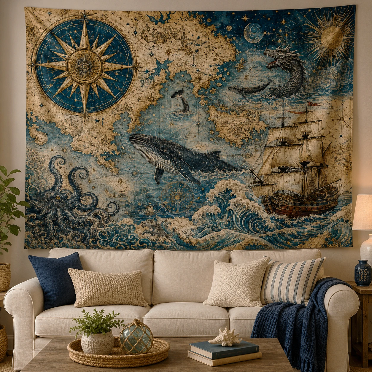 Antique Ocean Adventure Tapestry Old World Map Sailboat Kraken Wall Art, Nautical Home Decor & Holiday Gift