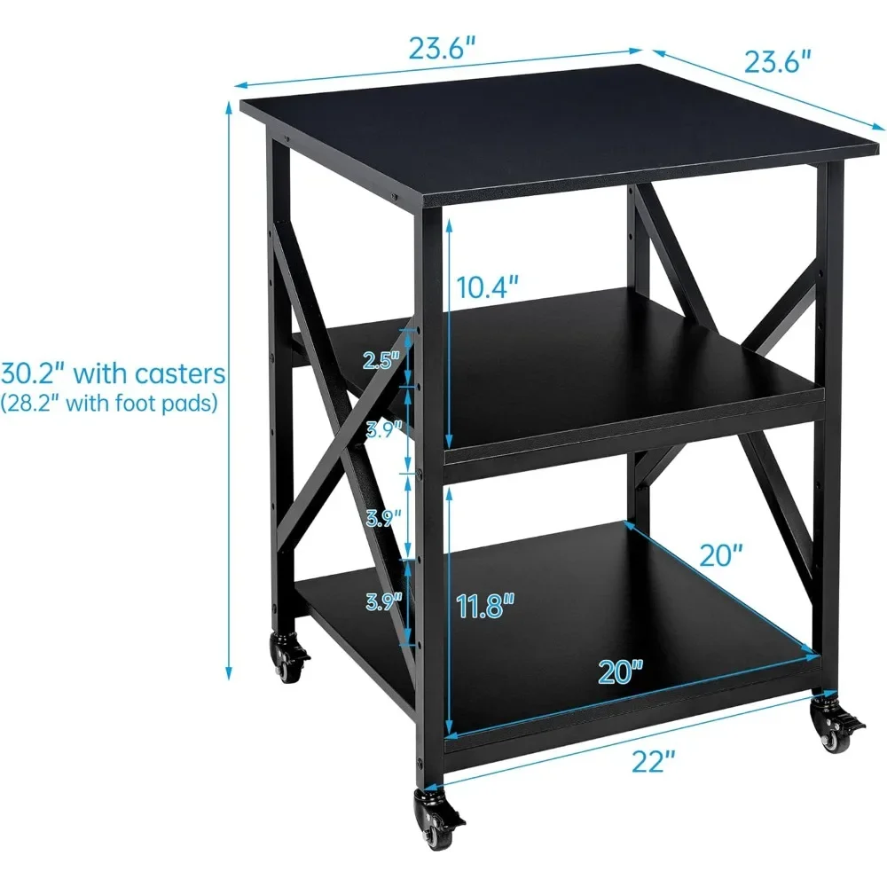 23.6 x 23.6 x 30.1 Inches Large Square Printer Table with Height Adjustable Storage Shelf, 3 Tier Rolling Printer Cart