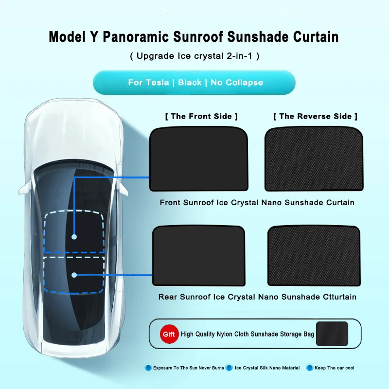 【Zwart】Voor Tesla ModelY Upgrade Ice Crystal Nano Zonnedak Zonnescherm Gordijn Geen Instorten Zilveren Dot Zon En UV Bescherming