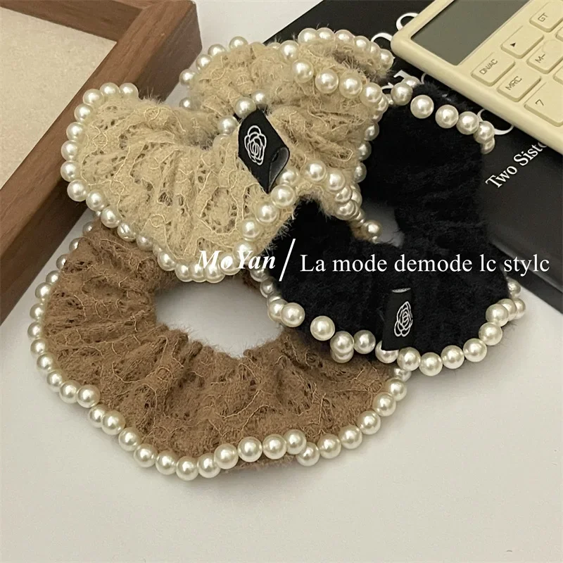 French Style Temperament Plush Pearl Large Intestine Hair Band Women\'s High Sense Tie-up Hair Rope 2023 New Ball Head Rope