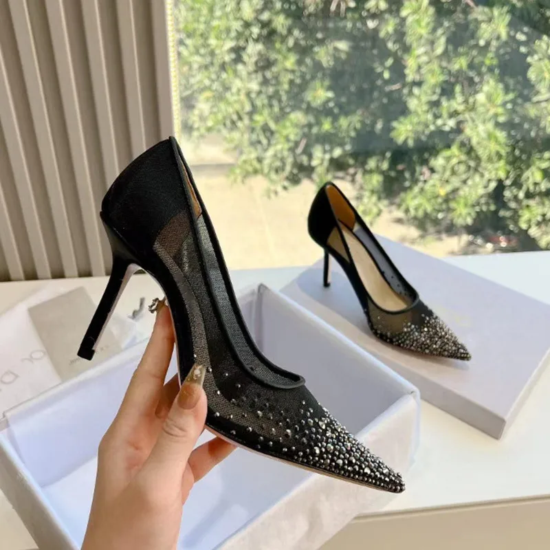 2024 Summer New Brand Fashion Sequined Mesh Women Pumps Elegant Pointed toe Rhinestones Stiletto High heels Wedding Bridal Shoes