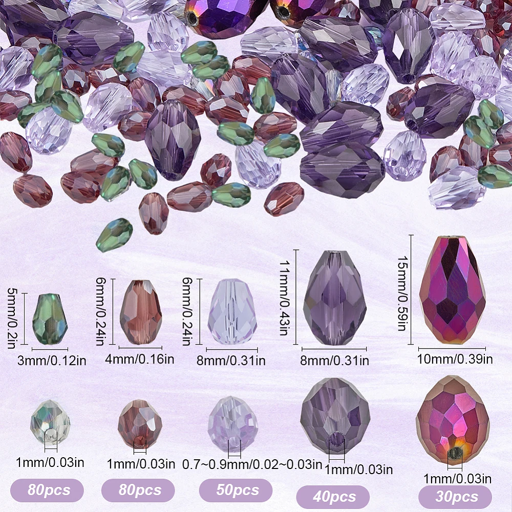 1 Box 280Pcs Faceted Beads Purple Teardrop Glass Bead Bulk Tear Shape Loose Spacer Beads with Vertical Hole for Bracelet