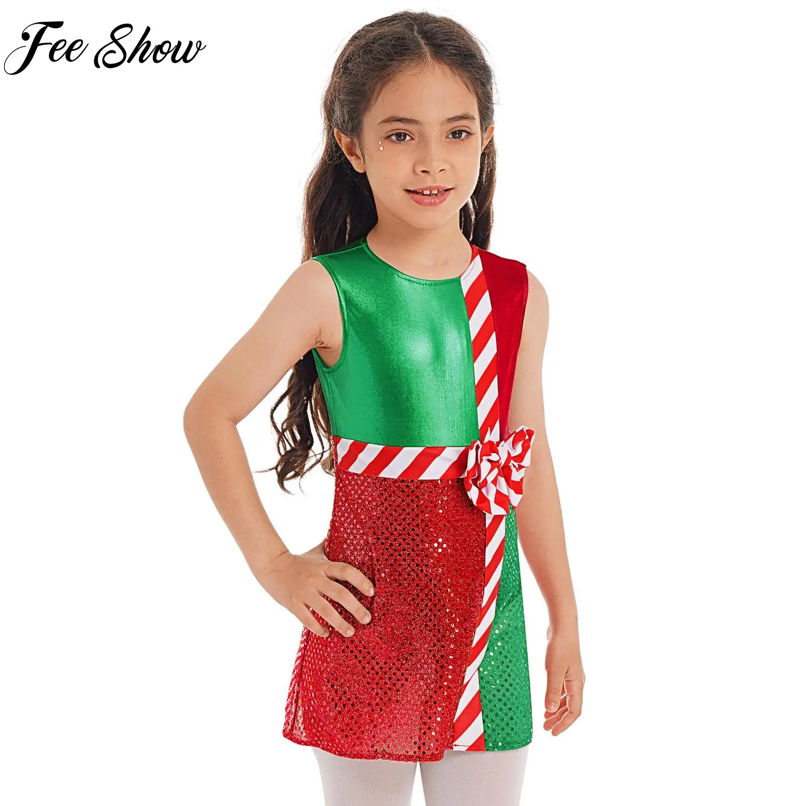 

Sleeveless Christmas Gift Dress Up Costume Girls Kids Striped Back Cutout Layer Skirt Jumpsuit for Halloween Circus Performance
