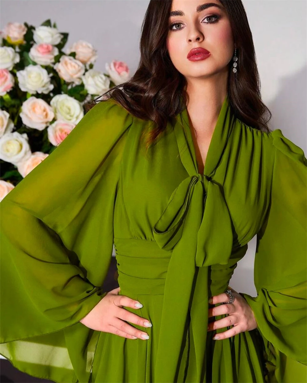 تخصيص رشيقة الخامس الرقبة القوس مساء اللباس مزاجه طويلة الأكمام مضيئة الأكمام فساتين المشاهير الكلاسيكية الشيفون Pr #3