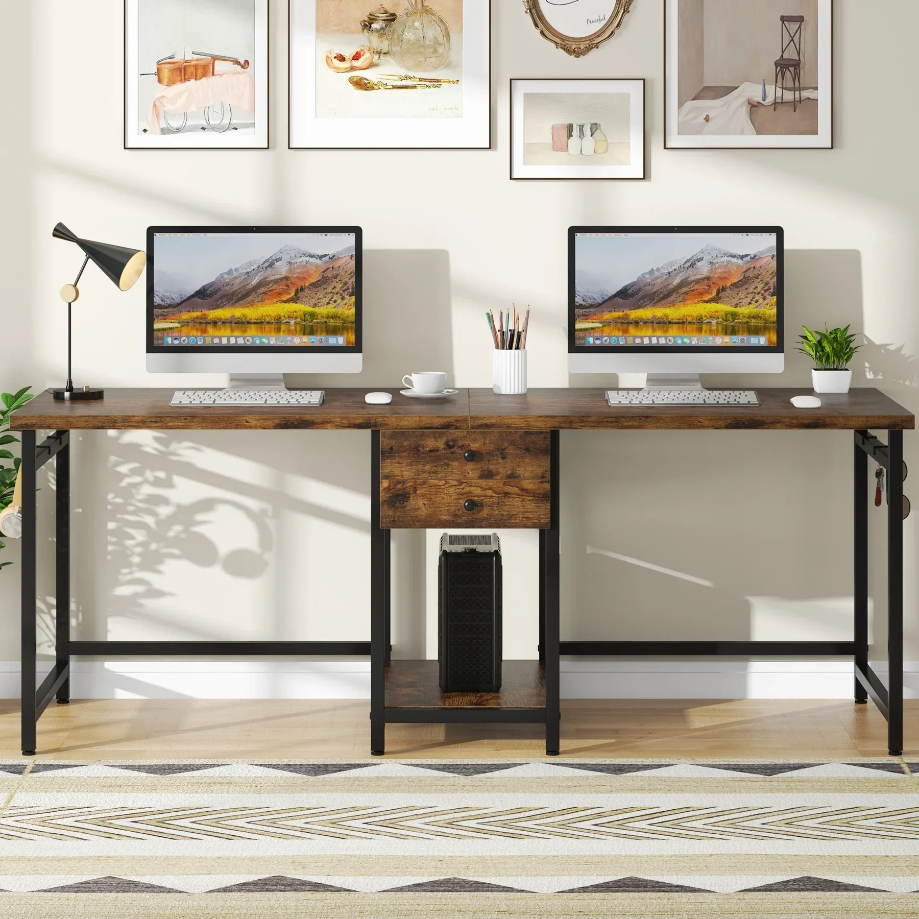 Tribesigns 78.74’’ Two Person Desk with 2 Drawers, Long Double Computer Desk Gaming Table with Shelves